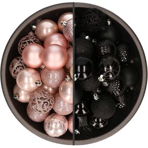 Bellatio Decorations Kerstballen mix - 74-delig - zwart en lichtroze - 6 cm - kunststof