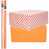 4x Rollen kraft inpakpapier liefde/rode hartjes pakket - oranje 200 x 70 cm - cadeau/verzendpapier