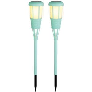 2x stuks solar tuinfakkel/tuinlamp turquoise op zonne-energie 61 cm - Prikspots tuinverlichting