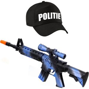 Carnaval verkleed speelgoed politiepet zwart voor kinderen met machinegeweer 39 cm