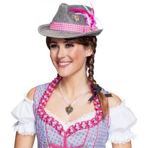 Grijze Oktoberfest tiroler dameshoed met roze band