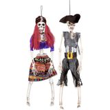 Set van 2x hangende horror decoratie skelet 40 cm gipsy en piraat - Halloween thema versiering poppen