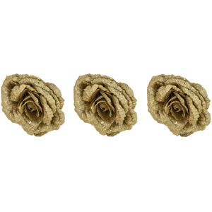 6x stuks decoratie bloemen roos goud glitter op clip 18 cm - Decoratiebloemen/kerstboomversiering/kerstversiering