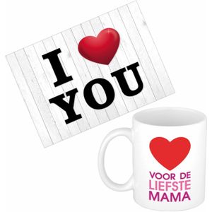 Mama jarig/Moederdag cadeau drink mok/beker + grote I Love you wenskaart(15 x 21 cm)