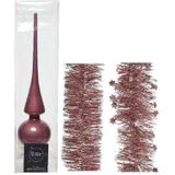 Kerstversiering glazen piek glans 26 cm en folieslingers pakket oud roze van 3x stuks - Kerstboomversiering