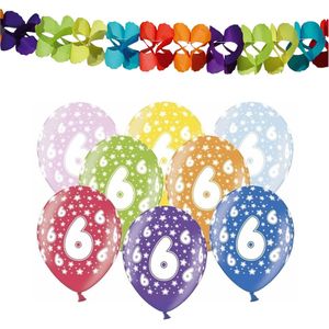 Partydeco 6e jaar verjaardag feestversiering set - 12x ballonnen en 2x feestslingers