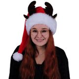 Pluche kerstmuts met rendieren hoorns en oren voor volwassenen rood/wit - Kerstaccessoires/kerst verkleedaccessoires