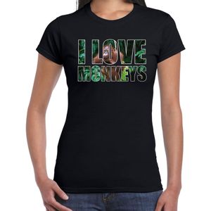 Tekst shirt I love monkeys met dieren foto van een orang oetan aap zwart voor dames - cadeau t-shirt apen liefhebber