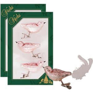 6x stuks luxe glazen decoratie vogels op clip velvet roze 11 cm - Decoratievogeltjes - Kerstboomversiering