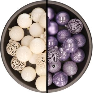 Kerstballen - 74x stuks - wol wit en lila paars - 6 cm - kunststof