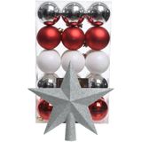 Kerstballen 30x -6cm -en ster piek -parelmoer wit/rood/zilver-kunststof