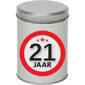 Cadeau/kado zilver rond blik 21 jaar 13 cm - Snoepblikken - Cadeauverpakking voor verjaardag