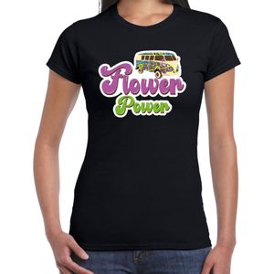 Toppers Jaren 60 Flower Power verkleed shirt zwart met hippie busje dames - Sixties/jaren 60 kleding