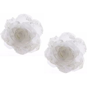 8x stuks kerstboom decoratie rozen bloemen winter wit 14 cm - Kerstversiering/kerstboomversiering