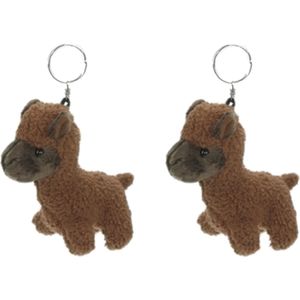 Set van 2x stuks alpaca mini knuffel sleutelhanger 12 cm bruin - Pluche dieren cadeau knuffels/knuffeltjes voor kinderen