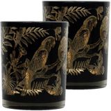 Set van 2x stuks theelichthouder/waxinelichthouder glas zwart 10 cm papegaai print - Windlichtjes/kaarsenhouders