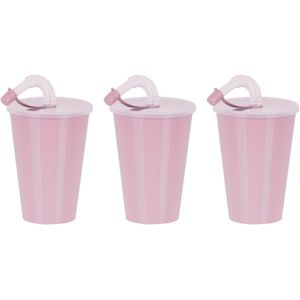 Juypal Drinkbeker met deksel en rietje - 6x - licht roze - kunststof - 450 ml - 12 x 9 cm