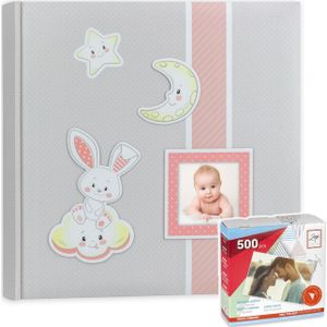 Fotoboek/fotoalbum Fred baby meisje met 30 paginas roze 32 x 32 x 3,5 cm  inclusief 500 fotoplakkers/stickers