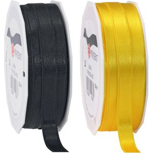 2x rollen satijn sierlint/cadeaulint - zwart en geel - 1 cm x 25m