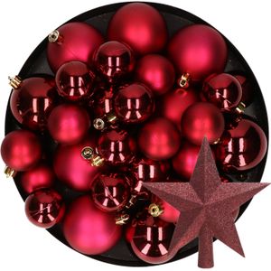 Kerstversiering kunststof kerstballen met piek donkerrood 6-8-10 cm pakket van 45x stuks - Kerstboomversiering