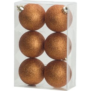 6x stuks kunststof glitter kerstballen oranje 8 cm - Onbreekbare kerstballen - Kerstversiering