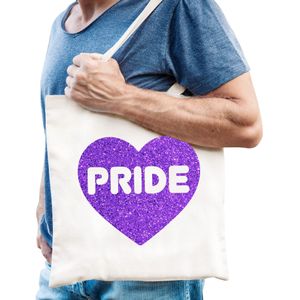 Bellatio Decorations Gay Pride tas heren - wit - katoen - 42 x 38 cm - paars glitter hart - LHBTI