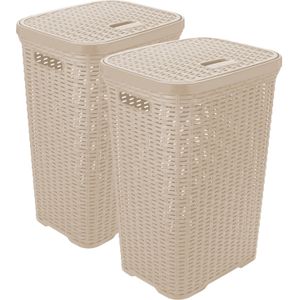 Hega Hogar Wasmand met deksel Rotan - 2x - beige - gevlochten kunststof - 60 liter - 34 x 43 x 62 cm