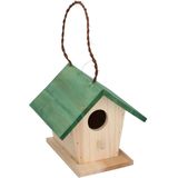 Houten vogelhuisje/nestkastje met groen dak 17 cm - Vogelhuisjes tuindecoraties -  Afmeting: ca. 17 x 16 x 15 cm