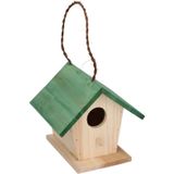 Houten vogelhuisje/nestkastje met groen dak 17 cm - Vogelhuisjes tuindecoraties -  Afmeting: ca. 17 x 16 x 15 cm