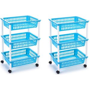 2x stuks opberg trolley/roltafel/organizer met 3 manden 40 x 30 x 61,5 cm wit/lichtblauw