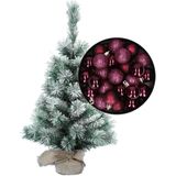 Besneeuwde mini kerstboom/kunst kerstboom 35 cm met kerstballen aubergine paars - Kerstversiering