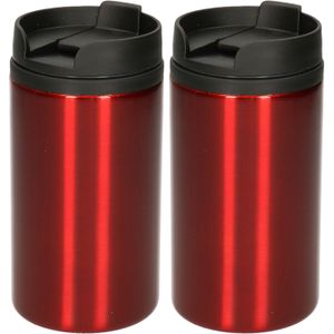 2x Warmhoudbekers metallic/warm houd bekers rood 320 ml - RVS Isoleerbekers/thermosbekers voor onderweg