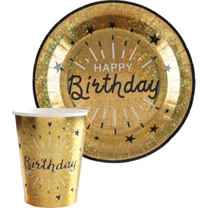 Verjaardag feest bekertjes/bordjes happy birthday - 40x - goud - karton
