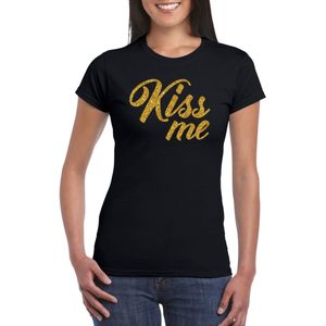 Kiss me t-shirt zwart met gouden glitter tekst dames kus me - Glitter en Glamour goud party kleding shirt