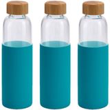 3x Stuks glazen waterfles/drinkfles met turquoise blauwe siliconen bescherm hoes 600 ml - Sportfles - Bidon