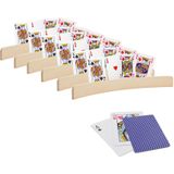 6x stuks Speelkaarthouders - inclusief 54 speelkaarten blauw geruit - hout - 35 cm - kaarthouders