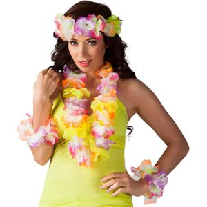 Boland Hawaii krans/slinger set - Tropische/zomerse kleuren mix geel - Hoofd en hals slingers- Party verkleed accessoires