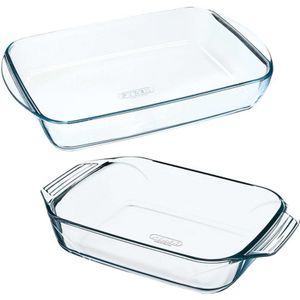 2x Glazen ovenschaal 1,4 liter 26 x 17 x 5,5 cm en 2,6 liter 35 x 23 x 5 cm - Ovenschotel schalen â Bakvorm