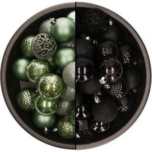 Bellatio Decorations Kerstballen mix - 74-delig - salie groen en zwart - 6 cm - kunststof