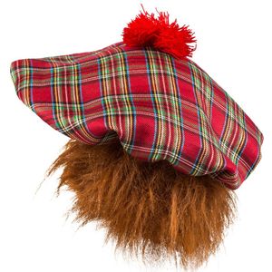 Boland Carnaval verkleed hoed/baret in Schotse ruit - rood - polyester - heren - Schotland - met rood/bruin haar