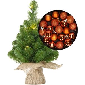 Mini kerstboom/kunstboom met verlichting 45 cm en inclusief kerstballen oranje - Kerstversiering
