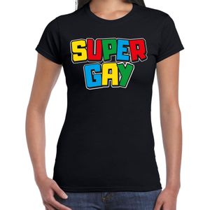 Bellatio Decorations Gay Pride T-shirt voor dames - super gay - zwart - pride - regenboog - LHBTI