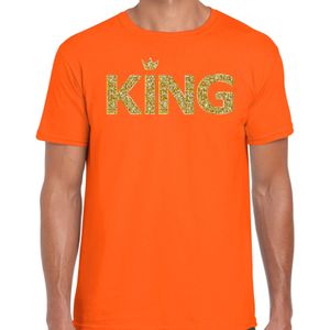 Koningsdag King t-shirt oranje met gouden kroon heren - Koningsdag kleding / outfit