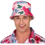 Carnaval verkleed set - Tropische Hawaii party - bucket hoed met bloemenslinger groen/roze - volwassenen