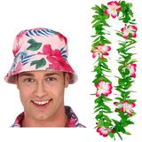 Carnaval verkleed set - Tropische Hawaii party - bucket hoed met bloemenslinger groen/roze - volwassenen