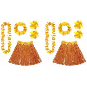 4x stuks oranje Hawaii verkleedset voor dames - Rokje met bloemen kransen