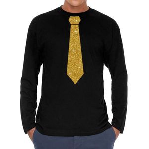Zwart long sleeve t-shirt met stropdas in glitter goud heren - zwart feest shirt met lange mouwen voor heren