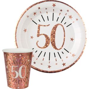 Verjaardag feest bekertjes en bordjes leeftijd - 20x - 50 jaar - rose goud - karton