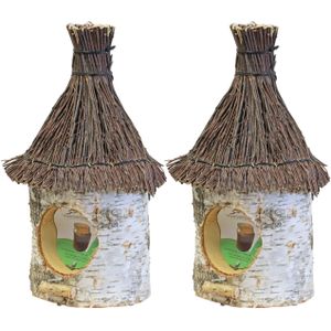 2x stuks vogelhuisje/voederhuisje/pindakaashuisje berkenhout met rieten/tenen dak 36 cm - Vogelvoederhuisje - Vogel voederstation