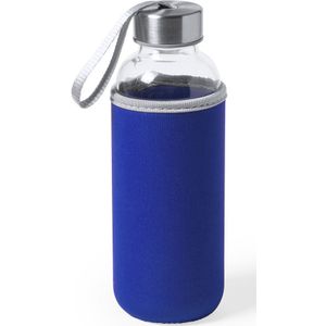 Glazen waterfles/drinkfles met blauwe softshell bescherm hoes 420 ml - Sportfles - Bidon